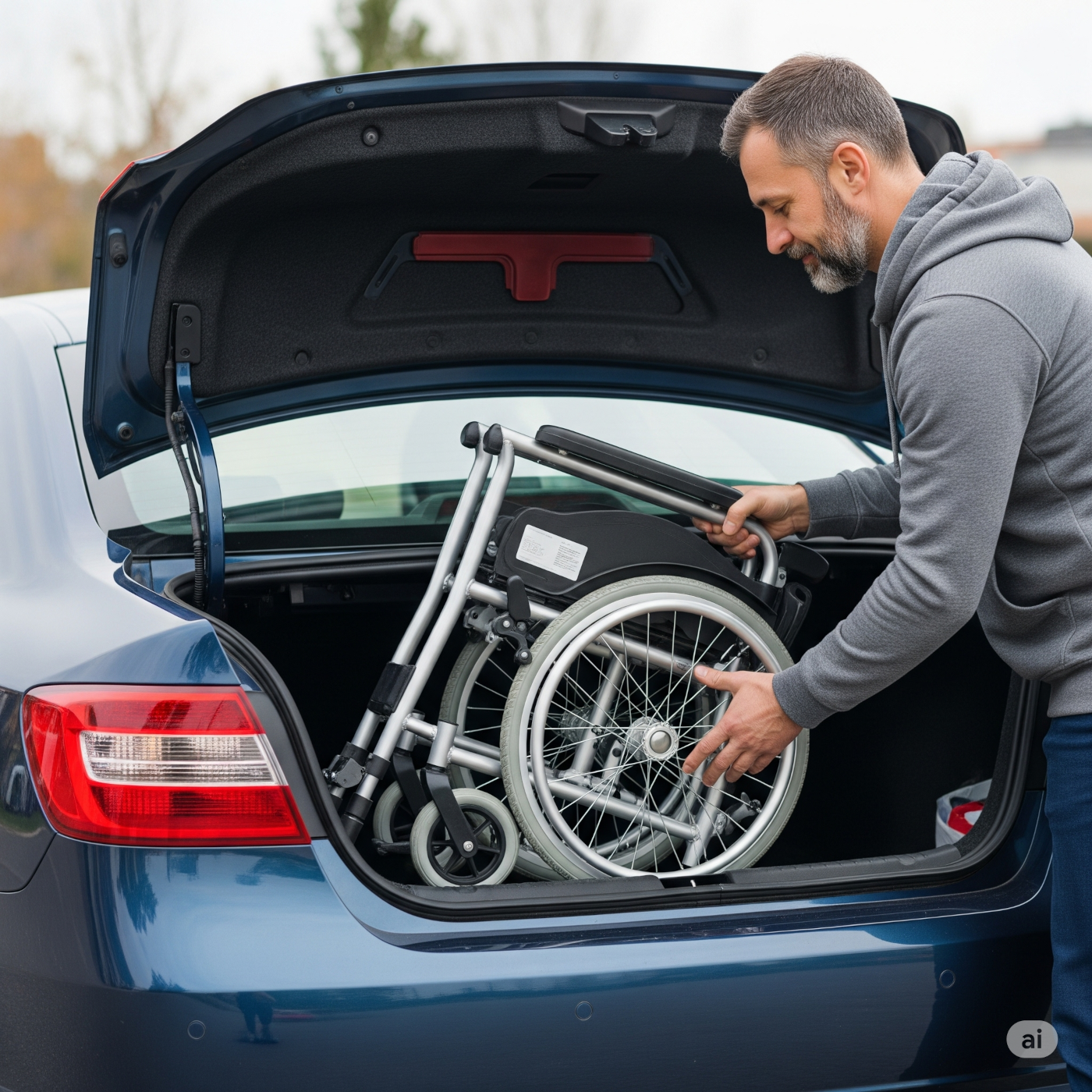 silla de ruedas plegada introduciendose en el maletero de un vehiculo